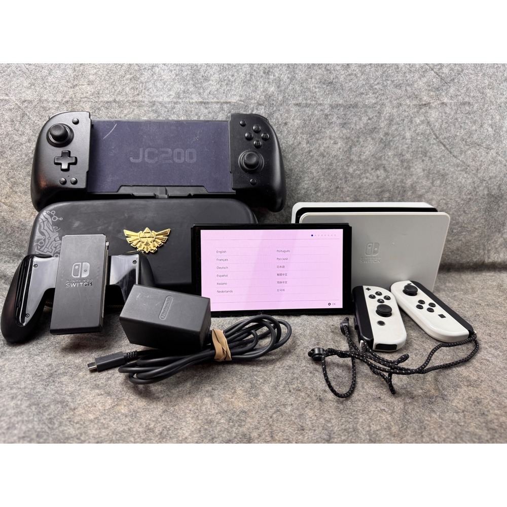 Nintendo Switch OLED Console Bundle White Joy-Con Zelda Case JC200 Grip Dock
